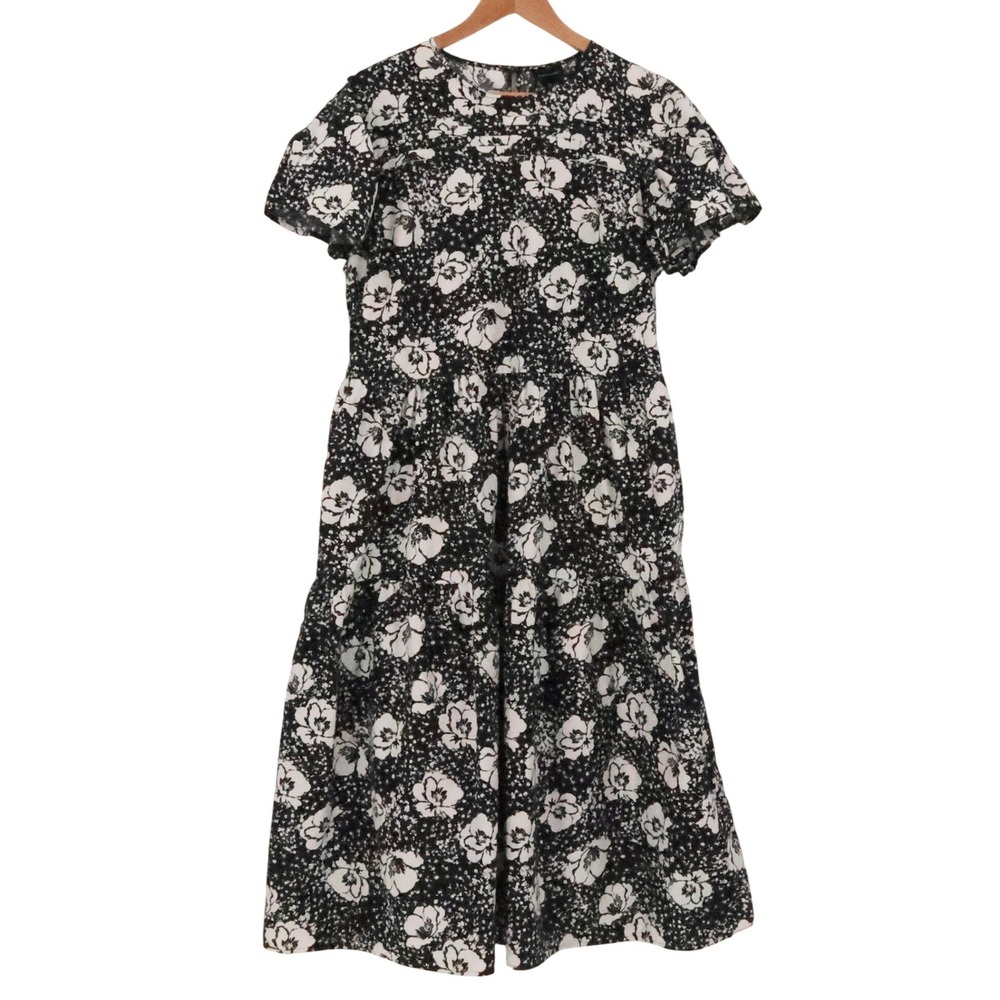 Who What Wear Floral Tiered Midi Dress Womens Size XL Black White Cotton Cottage